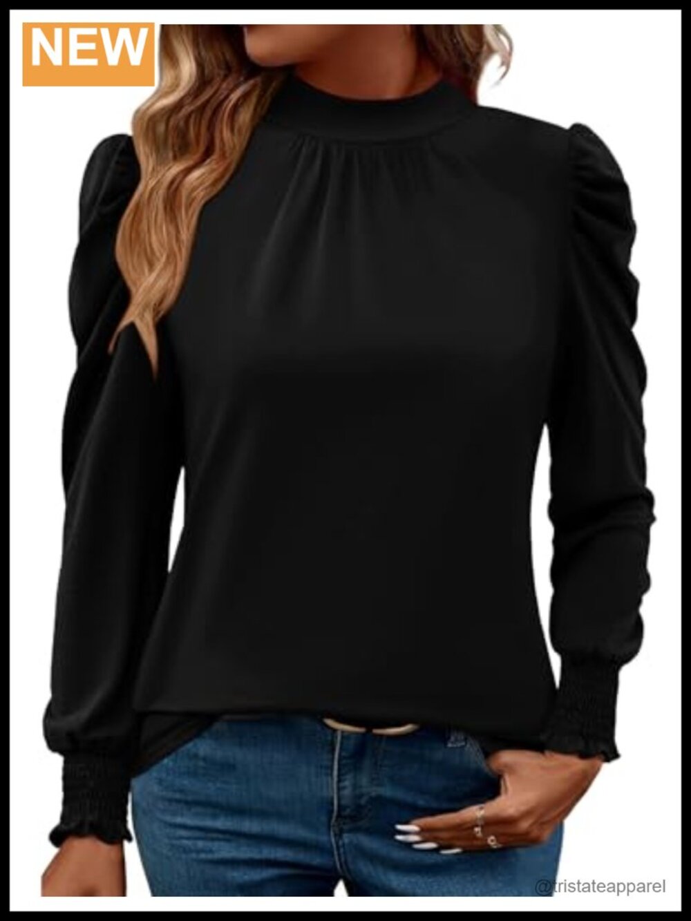 Puff Long Sleeve Top Dressy Casual Frill Mock Neck Smocked Cuffs Blouse